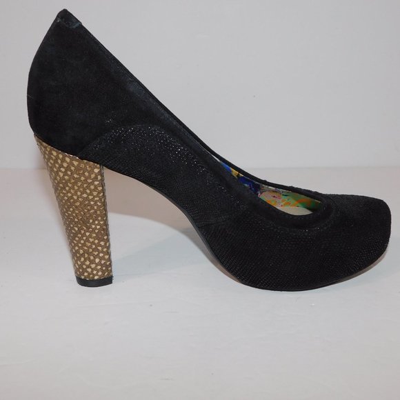 Hush Puppies Black sparkle Block platform Gold Scale Heels Shoe Womens 6.5 - Picture 6 of 10